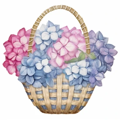 Design a dreamy watercolor clipart of japanese-inspired crips net basket with Hydrangea blooms in shades of blue, pink, and purple arranged in a lush arrangement composition, hand-painted with soft and graceful brushstrokes. Draw inspiration from the artistic finesse of Ethereal Petals Watercolors for a refined and ethereal depiction. isolated on a white background, hand-drawn illustration, hand-painted watercolor texture, 16k UHD resolution, intricately detailed, sharp focal points, designed by