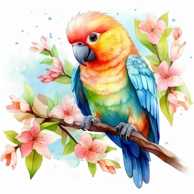 A cute happy parrot sitting proudly on a spring branch, looking off into the camera, with a few spring blossoms and leaves framing the scene, vivid colors, watercolor by Thomas W. Shaller, clipart, solid background, 8k
