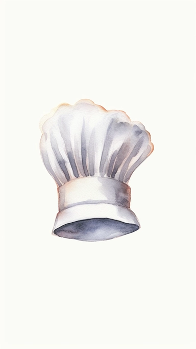 watercolor art of a white chef's hat simple clean clipart, subtle white grey and black color variation, 4k uhd