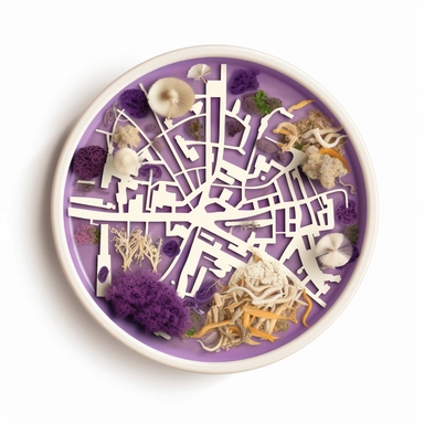 top-down view of a round scientific culture dish containing a simple map of a city block made with white fungal mycelium threads for the roads, a few major landmarks are small purple mushrooms, clean white background, iconic, clipart style