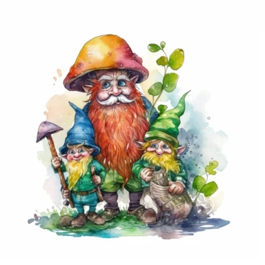 Storybook style Leprechauns and Rainbow from Kelt mythology with watercolor effect,Wild scene,Suitable for digital clipart,White background,Full body