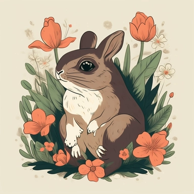 vintage frog and flowers clipart, flat vector, clean lines