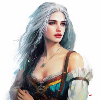 beautiful stunning pretty young woman as Priscila the bard from The witcher character, paint art style, clipart, white background, superrealistic, one of a kind