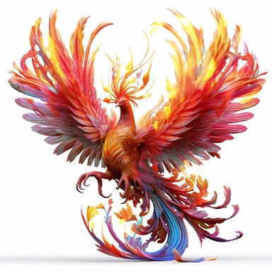 a fairy phoenix with, master of flames, dark red and light yellow, orange, clipart, on white background, ward winning closeup most beautiful , close-up, professional photoshoot, real life , fluid movement, iridescent, ivory and pink-blue , with chaotic background, award winning shot, body in motion. Lot accessories, intricate detailed, hyper realistic, hyper details, neo futuristic glam, rim lighting, dark light, moon night, global neon illumination, moonlight, moon beams, raking light, inner gl