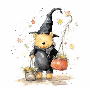 E.H. Shepard's Winnie the Pooh in a Halloween theme wearing a wizard hat and carrying a wand, like he's dressed up as a magical character He also has a little pumpkin bucket to collect candy in. wearing a black and orange one shirt with a spider. some spooky decorations bunting cobwebs and ghosts hanging around him, white background, Clipart watercolour
