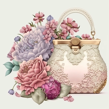 fashion composition with flowers, designer purse, designer parfum girly, lace, colorful, iridescent, elegant, glamor, sophisticated, atmosphere, white background, clipart