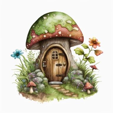cute mushroom with a small quaint door, watercolor clipart, white background, detailed, vibrant color, in the style of the hobbit
