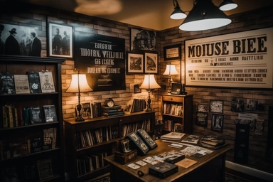 The room of a murder mystery-themed store, designed to resemble a brightly lit photograph. The room should have an immersive and captivating atmosphere. The walls could be adorned with vintage crime novels, newspaper clippings, and detective-themed artwork. The lighting should be bright and evenly distributed, illuminating every corner of the room. Incorporate details like a large magnifying glass on a table, a bulletin board with clues and red string connecting them, and shelves filled with mys