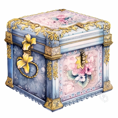 vintage style Detailed light and shadow, 2D outline, A beautifully patterned neo rococo Victorian baroque hyper realistic box in varying hues of pale pink, blue and yellow, stunningly beautiful, refined and sophisticated, Hand drawn, cicely mary barker ,realistic watercolor, Clipart, emotionally pleasing watercolor, i can't believe how beatiful this is,accurate detailed line art, white background, intricate detail, clean line art, saturated fantasy watercolor