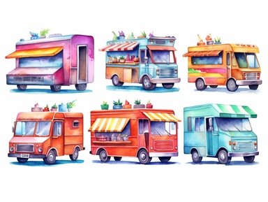 Watercolor clip art on white background, Food Trucks Clipart, high-resolution image with vibrant and true-to-life colors, isolated