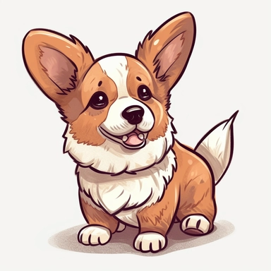 isometric clipart, corgi dog, extremely cute, fluffy, big ears, line drawing, white background, smiling, soft visual style, big puppy eyes,
