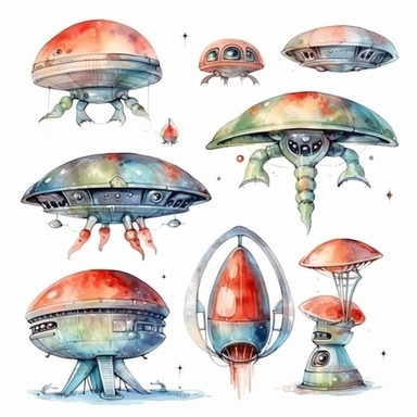 cute alien spaceship watercolor clipart collection on white background with margin