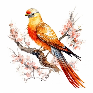 Golden Pheasant sits on a sakura branch on a white background, illustration in watercolor style, drawing done in professional glazing technique, expressive details, realistic drawing technique, saturated colors, harmony with nature, pronounced contours, clipart, a masterpiece, white background