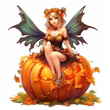 a beautiful smiling fairy girl sitting on a happy big jackolantern pumpkin in a pumpkin patch, highly detailed dress, big fairy wings, pixar style, full body image, clipart, white background, Sticker, Cutline, Vector, White Background