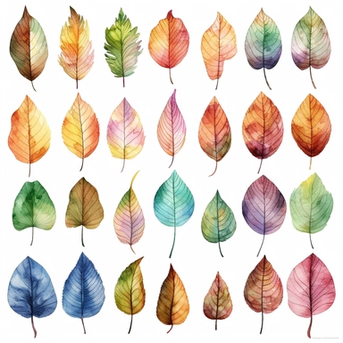 individual clipart of different leaves in watercolor