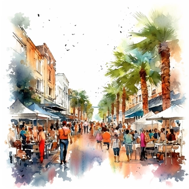 A lively street fair, with people dressed in tie-dye shirts, showcasing handmade crafts and enjoying live music performances, american style, watercolor, clipart