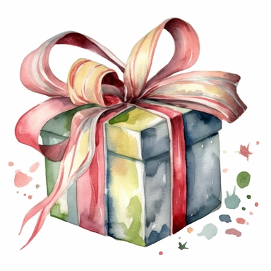 Lovely watercolor clipart of Christmas present with ribbons, capturing the joy and happiness of the holiday season, with delicate colors and intricate details, perfect for a wall art print, whimsical and charming, high-quality illustration, hand-painted with love, elegant and sophisticated.