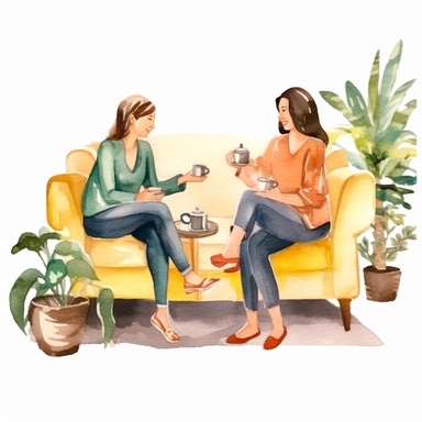 watercolor, Smiling woman friends drinking tea at home Happy females laughing and gossiping sit on comfortable couches isolated. People spending time together having a friendly conversation png Full body realistic cartoon in 32K UHD cute. 15 cm thick outline. Black color. There was no shadow on the ground. 8k with realistic watercolors and detailed illustrations. PNG clipart, transparent white background