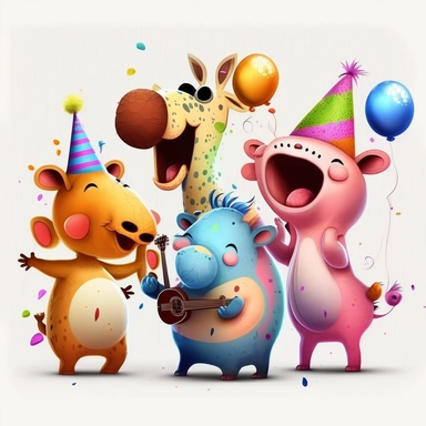 clipart birthday party little animals.,artistic painting style , cute and sweet, they are smiling and happy, they are singing happy birthday, dancing and super excited, 3d with vibrant colors, white background and no text or caption