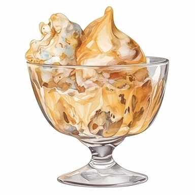Watercolour of a toffee Ice Cream in a glass bowl , Clipart,Cartoon,hyper realistic, intricate detail isolated on a white background, high quality, sublimation, detailed, cartoon style