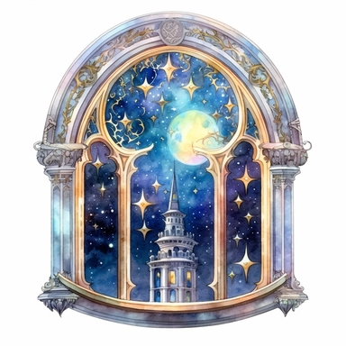 Celestial galaxy Fantasy Victorian window Clipart, Watercolor, hyper realistic, intricate detail, illustration style, high resolution, on the white background