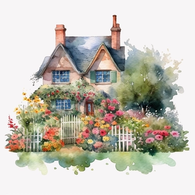 watercolour English cottage garden with a mix of colorful flowers and hedges plain background a png image that can be used as clipart