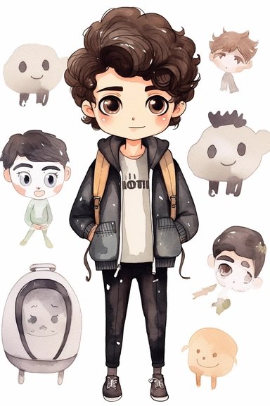 clipart set illustration, fashion boy with dark hair back to school back to school, watercolor clipart, full body, Cute kawaii sticker