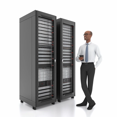 png clipart of a business man next to a server rack