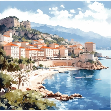 Clipart French Riviera( Côte d'Azur) , photo realistic, white background, a vintage poster with the coast of monaco, in the style of pyotr konchalovsky, rafael albuquerque, cityscape, 32k uhd, arthur sarnoff, swiss style, vintage-inspired in style of vogue