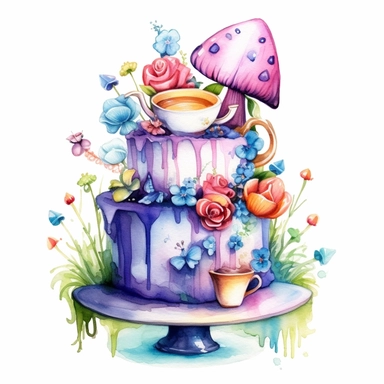 whimsical watercolour alice in wonderland birthday cake clip art