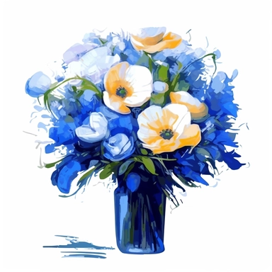 bouquet of flowers, blue, vector art, in the style of monet, clipart, white background, rounded corners