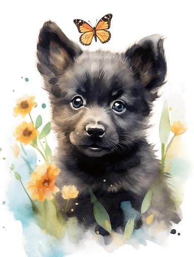 cute happy black wolf cub with butterfly on the nose, pastel watercolor, clipart, solid background