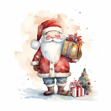 cute watercolor cartoon santa delivering gifts clipart