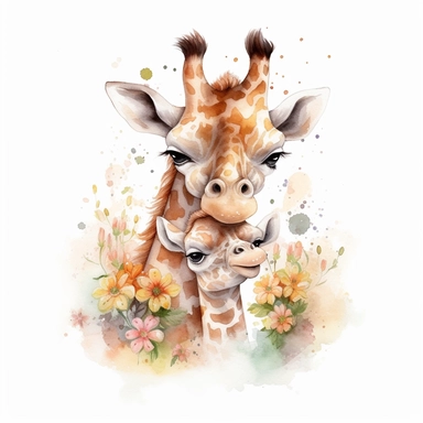 Cute floral illustration, realistic adorable baby Giraffe hugging his mom happy clipart, nursery style clipart, Nursery Animals Art, Kids Wall Art, Kids Room Decor, Baby Room Decor, isolated on white, ultra - detailed, high quality, ghibli style, award winning
