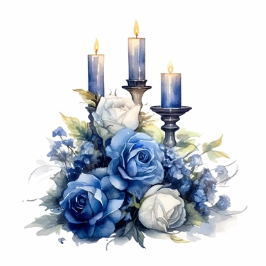 A watercolor painting of blue roses and candle, in the style of nostalgic illustration, graceful, illustration, transparent layers, elegant, emotive faces Sublimation Clipart,hyper realistic, intricate detail, illustration style,high solution,on the white background
