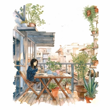 watercolor, hyper realistic, white background, white margins, 16k, ultra detailed clipart, cut out image, hand-drawn, whimsical manhwa style, ultra HD, sharp and clean art cozy balcony with a wooden bench, a small coffee table, and a few cushions, surrounded by flowering plants, overlooking a quiet street