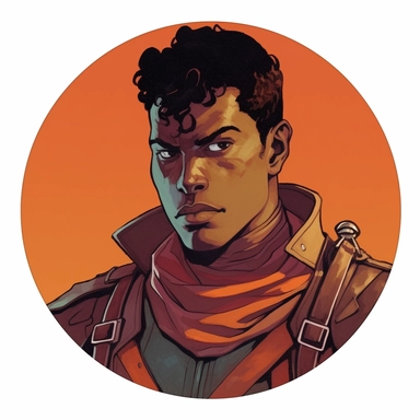 A Dungeons & Dragons character portrait circular tondo depicting a dark-skinned desert onsen knight, Craig Mullins Ashley Wood Mike Allred Josh Kirby, Mad Max Lord of the Rings Discworld, handpainted punk zine indie retrowave, clipart illustration, circular solid background circular border