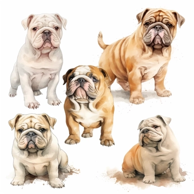 Line art, realistic watercolor, clipart collection, bulldog puppies in different pose, isolated on a white background