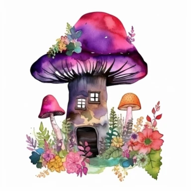 Colorful watercolor mushroom cozy home clipart, mythical aura, colorful tones, dark colors, featuring spring time elements such as flowers, foliage, white background, heavy contrast to white background