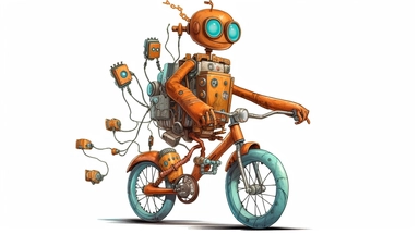 robot made out of computer hardware riding a bike on a neural network highway, akira animated tv series style lithography clipart sticker style