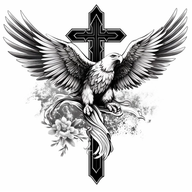 White paper eagle tattoo with black and white shadow with cross and flora, tattoo clipart