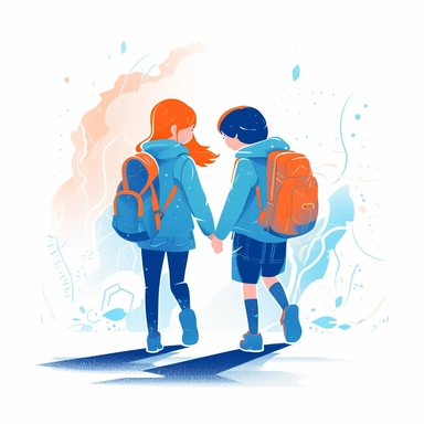 girl and boy together go to school illustration, children storybook illustration. 2d, vibrant luminous colors, flat style, ink Lines, clipart, white empty background, sharp, high resolution, blue orange warm