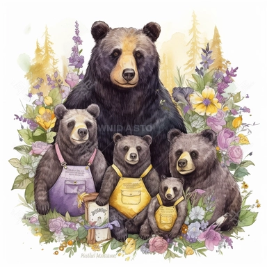 hand drawn family of black bears, wearing clothes in shades of yellow and purple, at a cabin in the woods, bumblebees, purple flowers and grass, very detailed, very realistic, watercolor, clipart style
