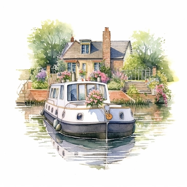 watercolour, pretty canal boat, detailed, summer time, clipart, white background