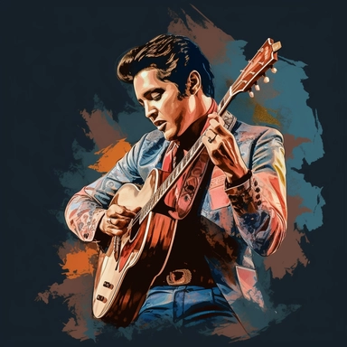 portrait view, full view, beautiful bright colors, beautiful image of Elvis Presley with guitar and microphone, romantic, fantasy, sharp focus, high detail, 8k illustration clipart style, transparent background, (--iw 8)