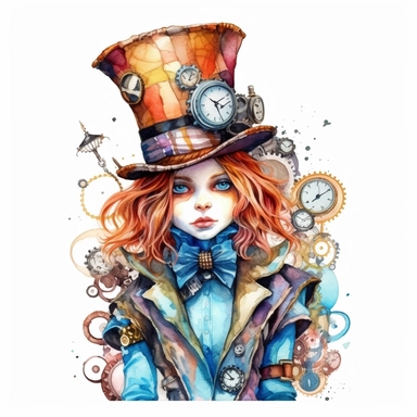 An alice in wonderland character , watercolor steampunk style, white background, clipart