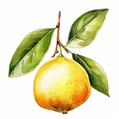 A charming watercolor clipart-style illustration of a Limonia Acidissima fruit, beautifully rendered with intricate details and set against a clean and pristine white background. This unique clipart illustration captures the distinct features of the Limonia Acidissima fruit, showcasing its round shape, textured skin, and vibrant hues. The watercolor technique lends a soft and organic quality to the illustration, enhancing the natural beauty of the fruit. Each brushstroke and color choice accentu