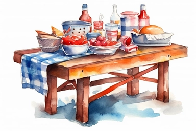 picnic table covered with barbecue food, patriotic red white blue, cartoon clipart, watercolor style on white background