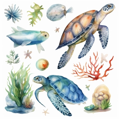 25 Watercolor Sea Turtle Clipart, cute nautical ocean animals, sea turtles, seaweed, and fish in watercolor style