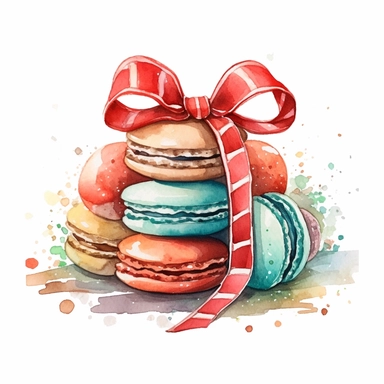 christmas macaron cookie wrapped in ribbon watercolor clipart attention to detail